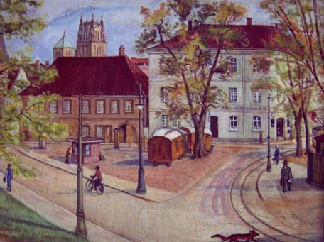 Der Kalkmarkt in Mnster um 1920, lbild, Maler unbekannt